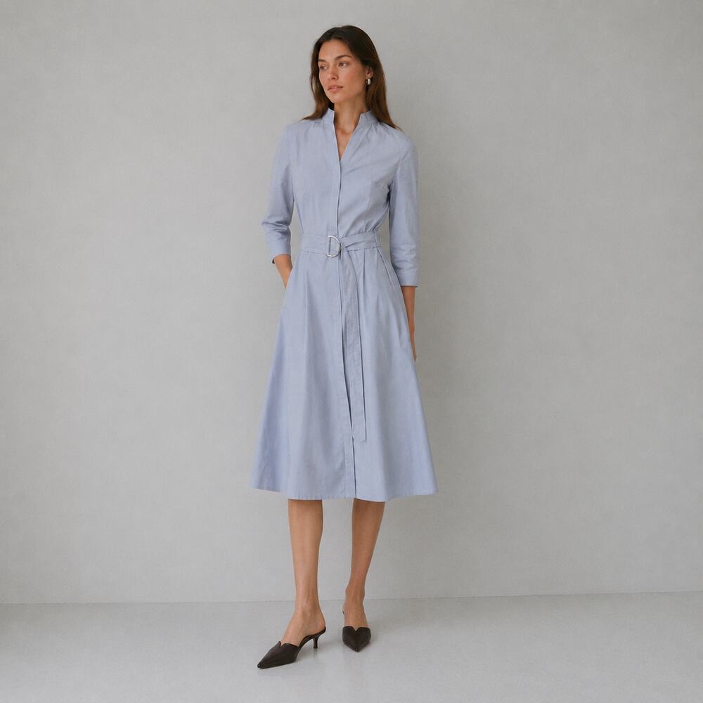 Akris Punto Blue/White Micro Striped Belted Midi Dress Womens 10 NWT
